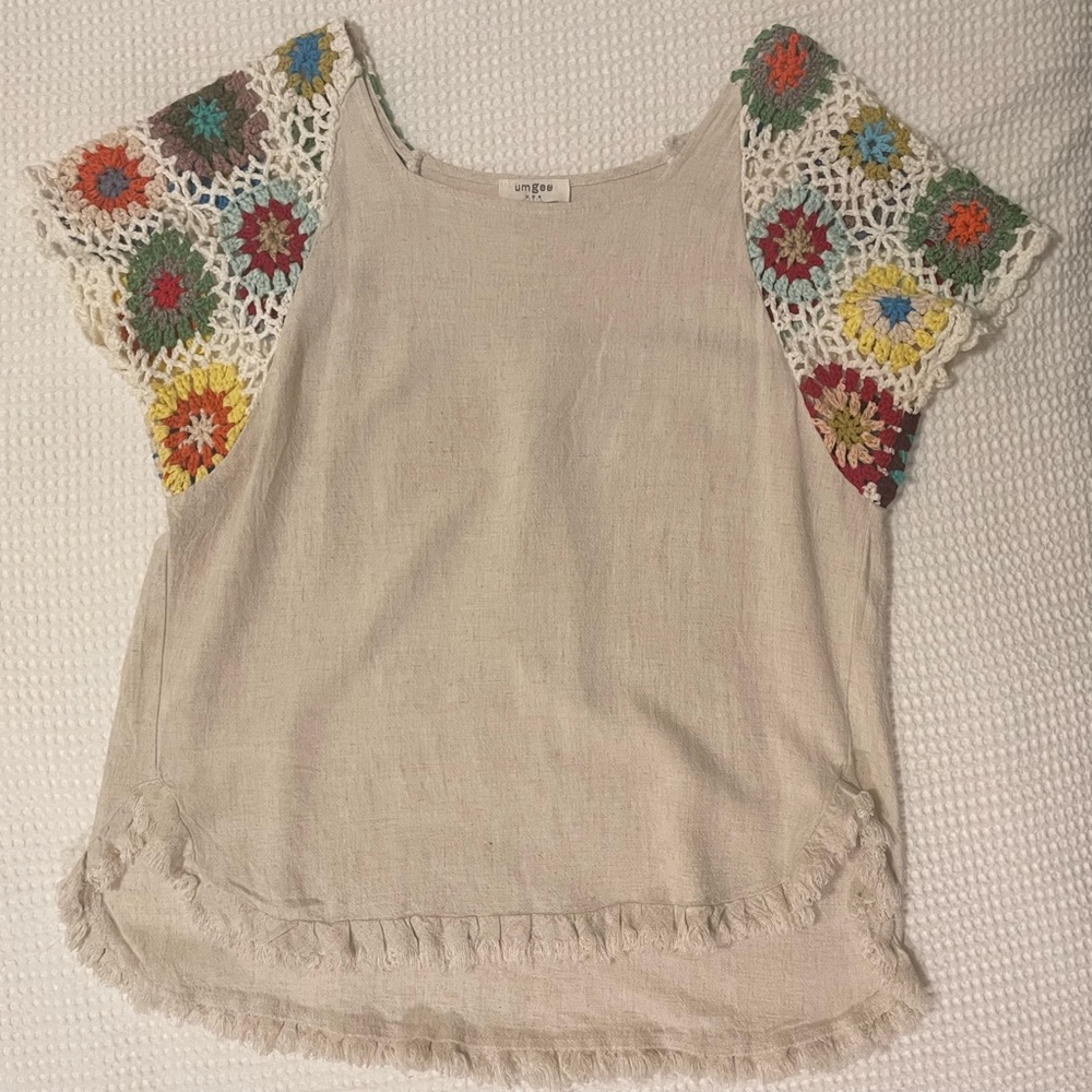 Umgee small Crochet Sleeve Top Oatmeal Short Sleeve boho beach shirt